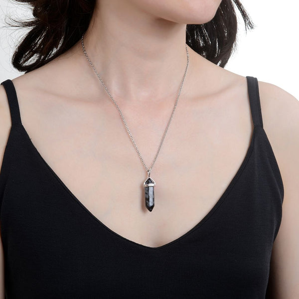 1pc Natural Snowflake Obsidian Gemstone Pendant Necklace, 18 Inch Surgical Stainless Steel Chain, GGP-C20