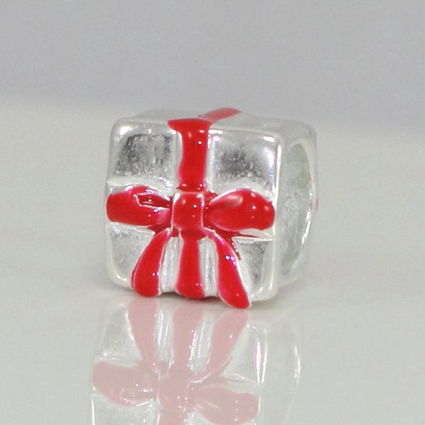1pc Solid 925 Sterling Silver Gift Box Red Bow Bead Charm, Compatible with Pandora All Other Charm Bracelet, EC64