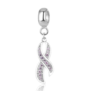Real 925 Sterling Silver Pink Ribbon Hope Courage Bead Charm Pendant Cubic Zirconia CZ,...