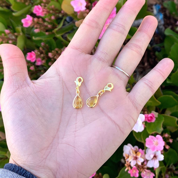 2pcs Clip On Dangle November Topaz Yellow Birthstone Charm Drops, Tarnish Resistant, 18K Yellow Gold Plated Lobster Clasp, BL8-11