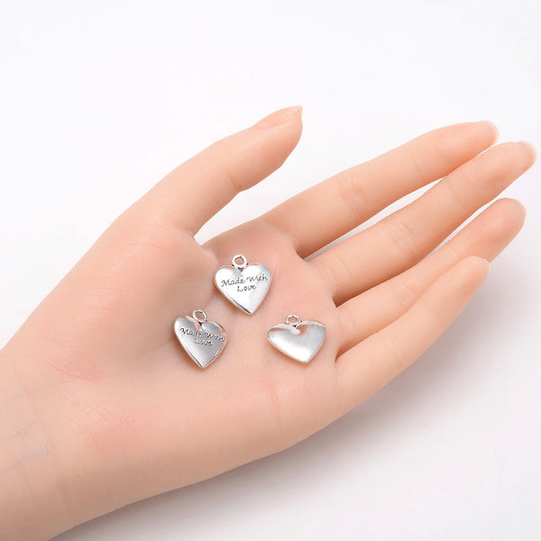 20pcs Made with Love Heart Charms, 19.2mm Large One Sided Heart Drop Pendants, Antique Silver, MC-D16