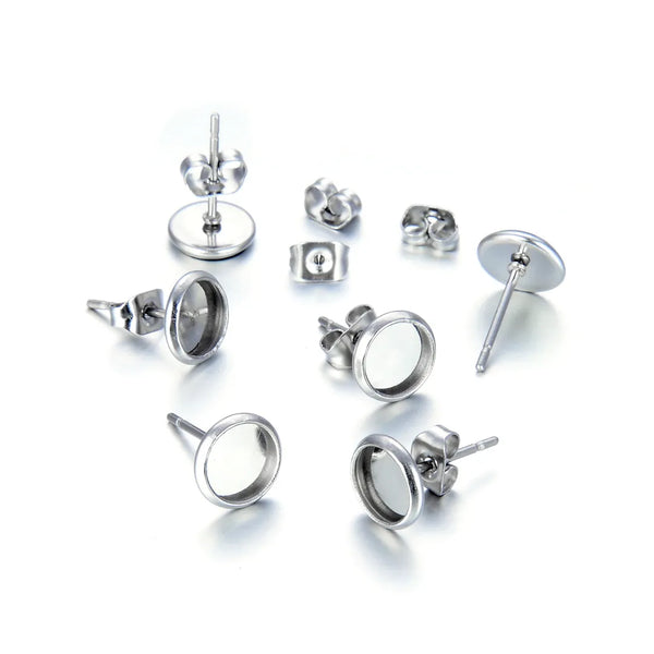 50pcs 304 Grade Stainless Steel Round Bezel Ear Tray Earring Findings – For Stud Earrings (6mm/8mm/10mm/12mm)