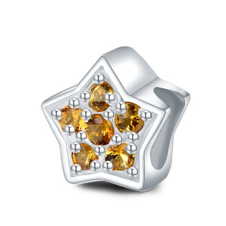 1pc 925 Sterling Silver Star Charm November Birthstone Bead Charm, Yellow Topaz Cubic Zirconia CZ, 10x9.5mm, Hole ID 4.5mm, EC1-K11