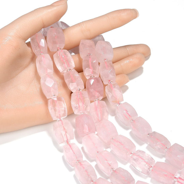 10pcs Natural Rose Quartz Pink Crystal Gemstone Faceted Cylinder Tube Beads, 12-18mm, Hole ID 1mm, GZ9-1