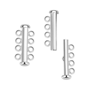 1pc Sterling Silver 4 Strands Multi-Strand Slide Lock Tube Clasp Set, Tarnish Resistant Rhodium Plated, 25.5mm Long, SS92-4