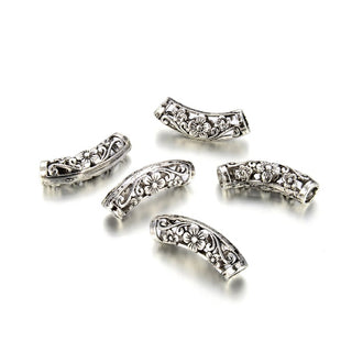 10pcs Large Hole Curved Filigree Daisy Flower Noodle Tubes, Antique Silver, 25mm (1 Inch), Hole ID 4mm, MC-L5