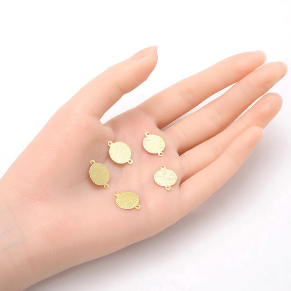 10pcs 12mm 2-Hole Round Dis Circle Links, Tarnish Resistant, 18K Yellow Gold Plated Brushed Brass, BF-A3