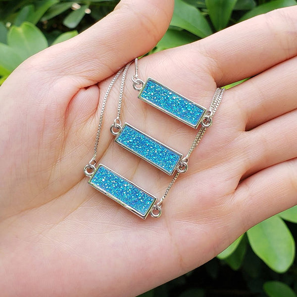 1pc Natural Druzy Crystal Pendant Necklace, Aquamarine Blue Bar Gemstone Pendant, 18 inch Stainless Steel Surgical Chain, GGP23-3