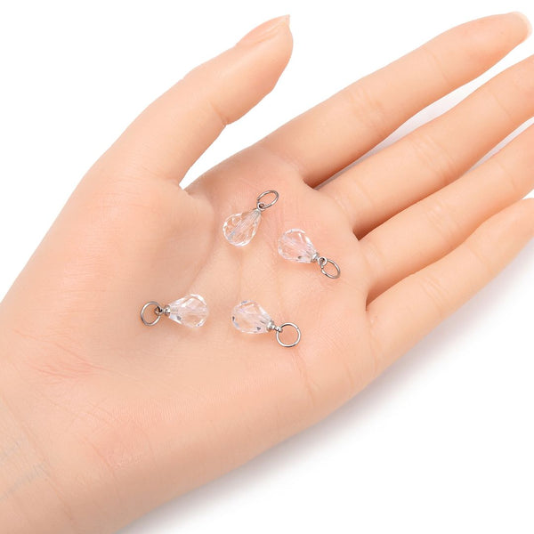 5pcs April Clear Birthstone Charm Drops, 10mm Austrian Teardrop Crystal Beads, Sterling Silver Plated Open Jump Rings, BR6-4