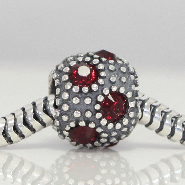 1pc 925 Sterling Silver January Birthstone Bead Charm, Siam Red Garnet Cubic Zirconia CZ, 10.3x9mm, Hole ID 4.5mm, EC1-M1
