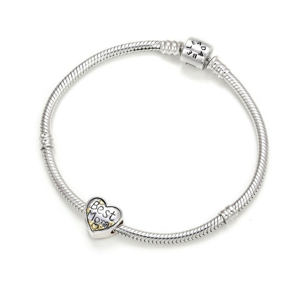 1pc Real 925 Sterling Silver Best Mom Golden Heart Charm, Compatible with Pandora All Other Charm Bracelet, EC4-B11