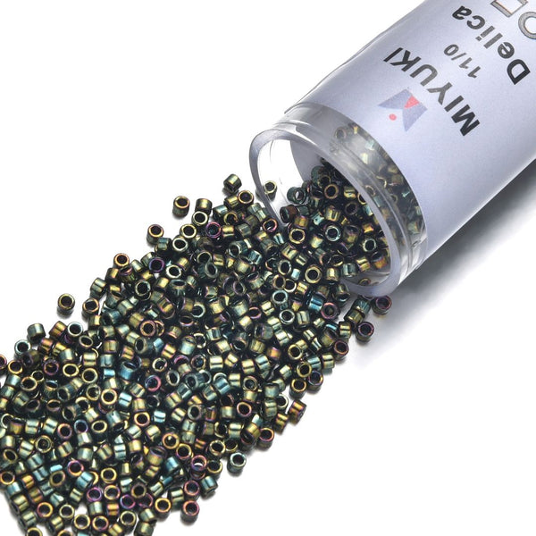 7.5g Miyuki Delica 11/0 Seed Beads, Opaque Metallic Iris Green DB24