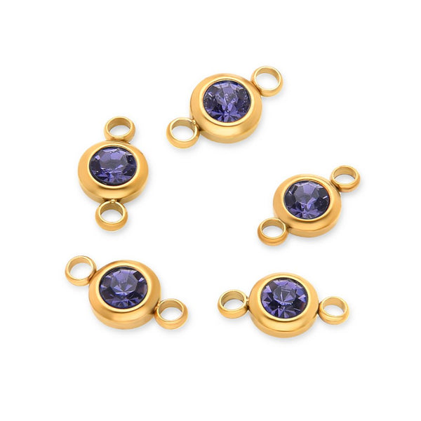 10pcs Grade A February Amethyst Purple Birthstone Links, 18K Yellow Gold Plated Stainless Steel, Tarnish Resistant, 6mm, CCP35-2