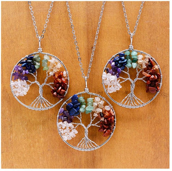 1pc Tree of Life Prosperity Necklace, Natural Seven Chakra Stone Gemstone Pendant, 26 inch Surgical Stainless Steel Chain, GGP9-2