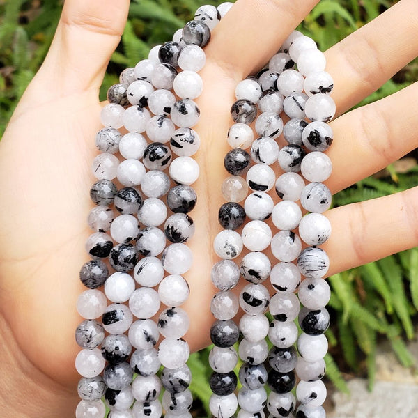 Natural Black Quartz Rutilated Gemstone Round Beads, 15 Inch/1 Strand, Size Selections: 4mm/6mm/8mm/10mm