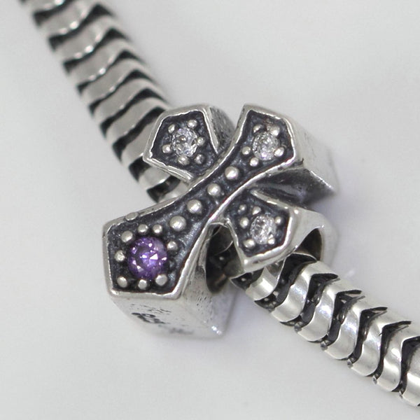 1pc Solid 925 Sterling Silver Cross Charm Religion Faith Bead Charm Cubic Zirconia CZ, Compatible with Pandora All Charm Bracelet, EC426