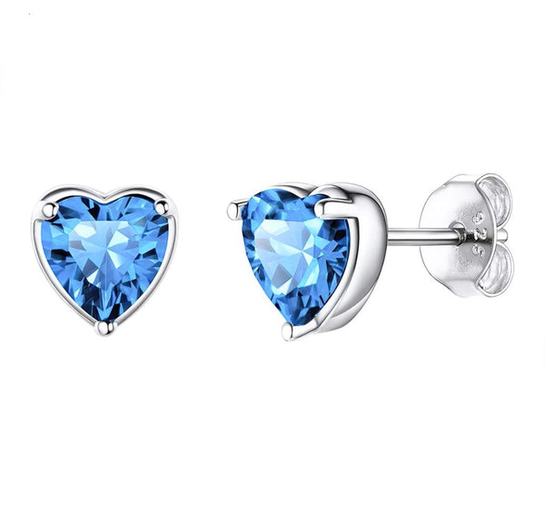 1 Pair 925 Sterling Silver December Love Heart Birthstone Stud Earrings, 6mm/0.84 Carat Cubic Zirconia CZ Blue Zircon Stone, SSE79-12