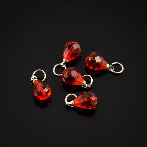 5pcs July Birthstone Charm Drops, 10mm Light Red Austrian Teardrop Crystal Beads, Sterling Silver Plated Open Jump Rings, BR6-7