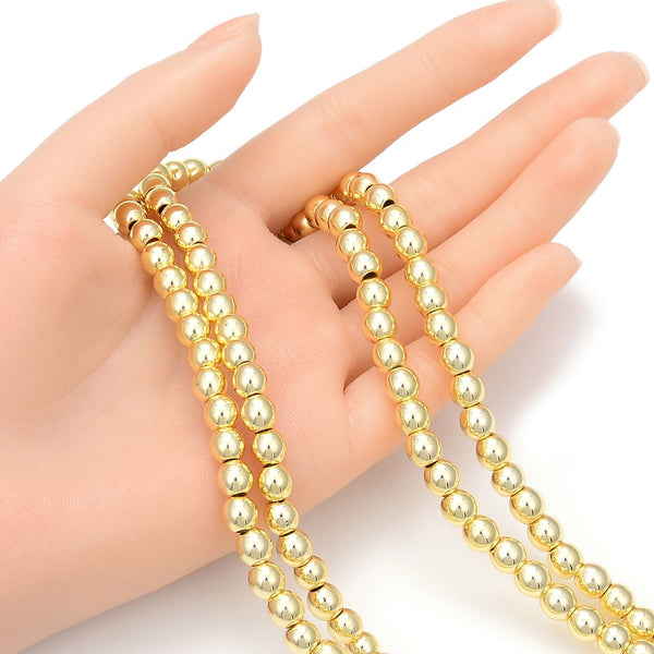 Grade A Natural Hematite Gemstone Large Hole Round Beads, Gold Plated, 15 Inch/1 Strand, 6mm, Hole ID 2.4mm, GFC-N6