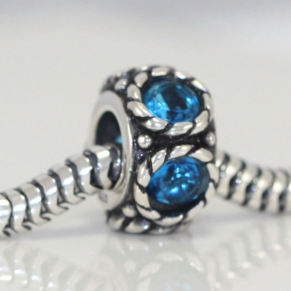 1pc Real 925 Sterling Silver March Birthstone Flower Round Charm Bead, Cubic Zirconia CZ Blue Aquamarine Gemstone, Compatible with Pandora all Other Charm Bracelets, EC1-N3