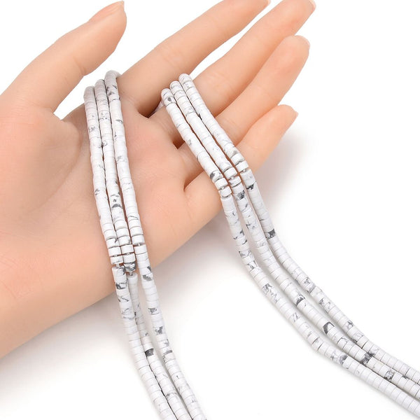 Lab Created White Howlite Gemstone Heishi Tube Rondelle Beads, 4x2mm/Small, Hole ID 0.9mm, 14.5 Inch/1 Strand, GH-C32