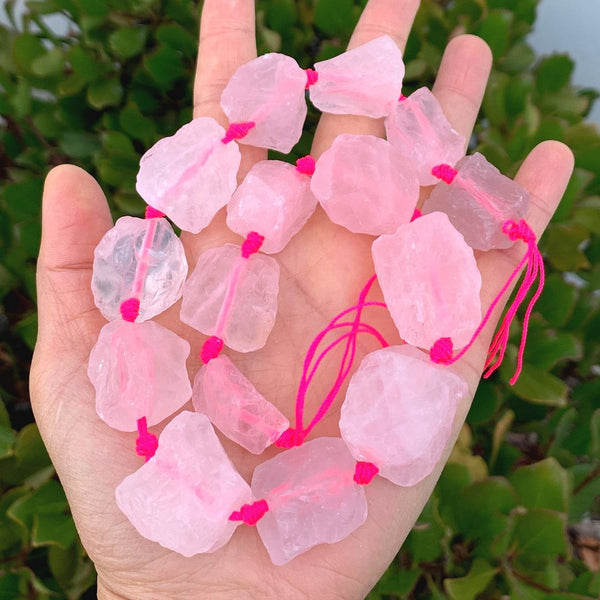 Natural Raw Pink Rose Quartz Gemstone Beads, Large Drilled Rough Nugget Stone,15 Inch GA-C8