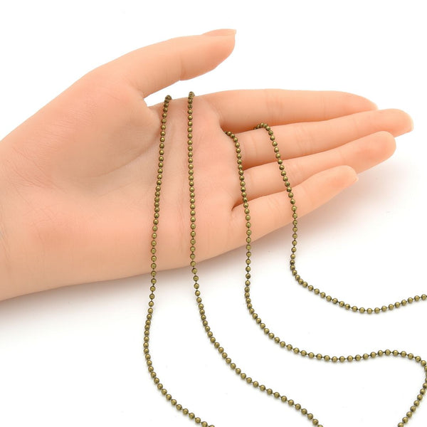33 Feet Beaded Round Ball Chain, Antique Bronze Plated Brass, Chain Width Selections: 1mm/2mm/3mm