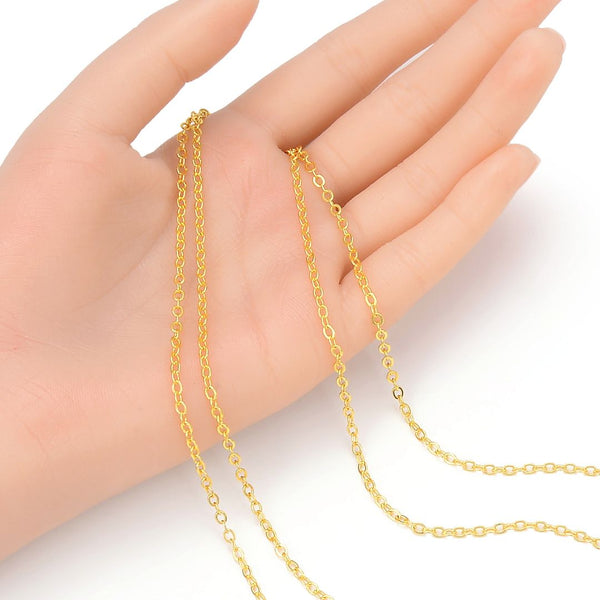16.5 Feet Tarnish Resistant Diamond Cut Flat Cable Chain Link, 18K Yellow Gold Plated Brass, Size Selections: 1.3mm/1.5mm/2.5mm
