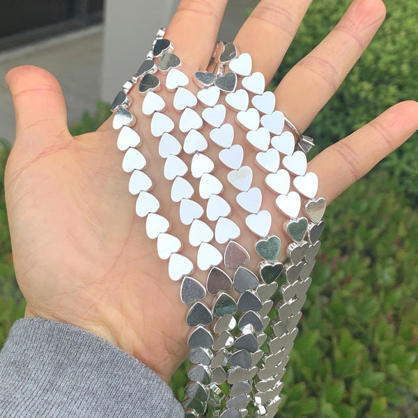 Grade A Natural Hematite Gemstone Heart Beads, Silver Plated, 15 Inch/1 Strand, 8mm, Hole ID 1mm, GFC-F2