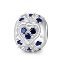 1pc 925 Sterling Silver Round Heart Pattern September Birthstone Bead Charm, Blue Sapphire Cubic Zirconia CZ, 11x9mm, Hole ID 4.5mm, EC1-H9