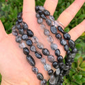 Natural Grade A Black Quartz Rutilated Gemstone Oval Tumbled Pebble Beads, Irregular, 7mm to 9mm, Hole ID 1mm, 15 Inch/1 Strand, GZ12-9