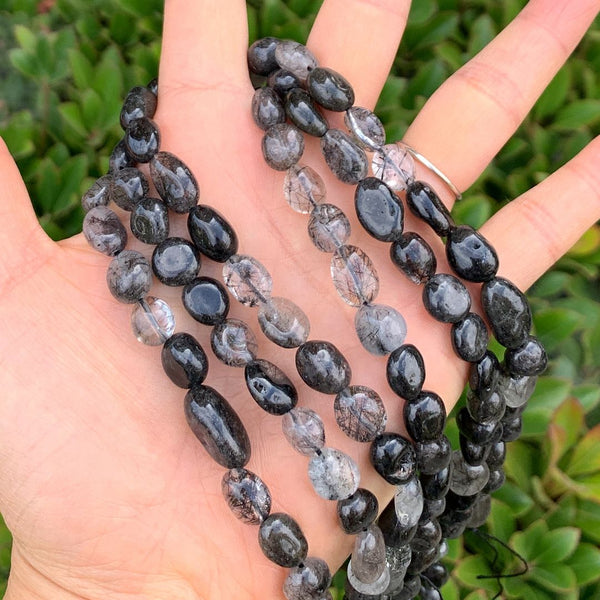 Natural Grade A Black Quartz Rutilated Gemstone Oval Tumbled Pebble Beads, Irregular, 7mm to 9mm, Hole ID 1mm, 15 Inch/1 Strand, GZ12-9
