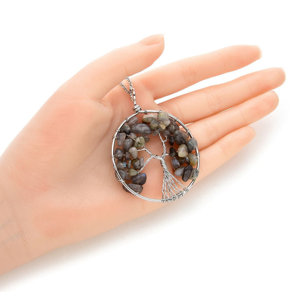 1pc Tree of Life Prosperity Necklace, Natural Labradorite Gemstone Pendant, 26 inch Surgical Stainless Steel Chain, GGP9-11