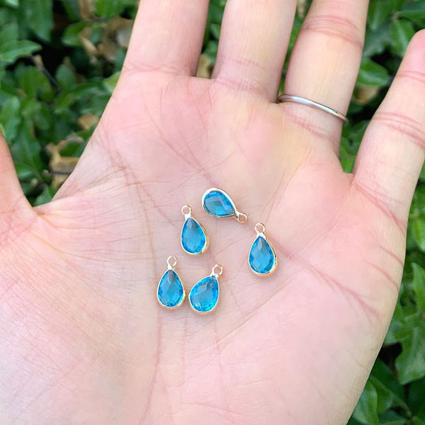 10pcs Grade A March Aquamarine Blue Teardrop Birthstone Charm Drop, 18K Yellow Gold Plated Brass, Size Selections: 11x7mm, 14x8mm, 16x9mm