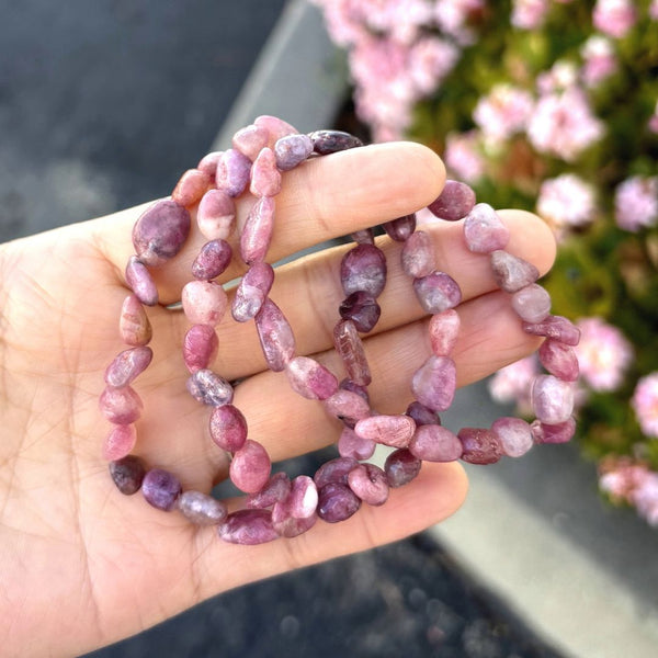 1 Strand Stretch Natural Pink Tourmaline Free Form Gemstone Bracelet, 7-10mm Beads, Length Selections: 7 inch/7.5 inch