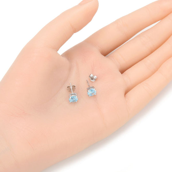 1 Pair 925 Sterling Silver March Birthstone Round Cut Stud Earrings, 6mm/0.84 Carat Cubic Zirconia CZ Blue Aquamarine Stone, SSE48-3