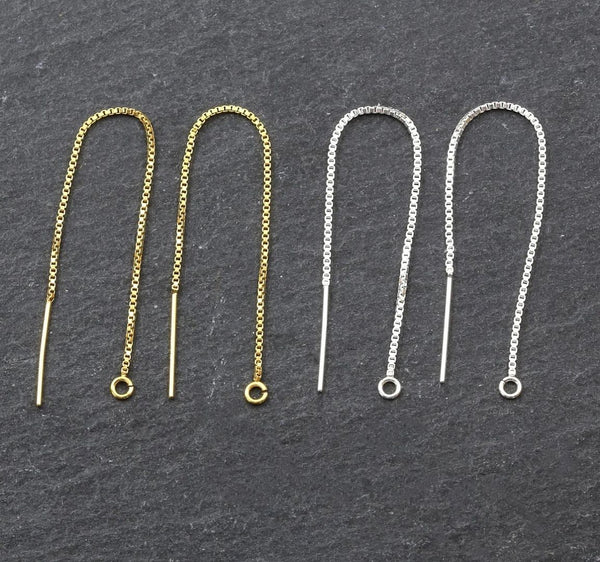 4pcs 925 Sterling Silver Threader Earring Finding, Real 18K Yellow Gold Plated, Open Ring, Pull Through Chain, Length Selections: 2/3/4/5/6 inch