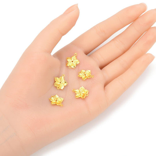 10pcs 12mm 2-Hole Flower Floral Links, Tarnish Resistant, 18K Yellow Gold Plated Brass, BFW-B12
