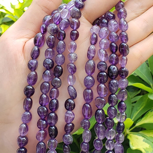 Natural Amethyst Purple Crystal Gemstone Oval Tumbled Pebble Beads, Irregular, 7mm to 12mm, Hole ID 1mm, 15 Inch/1 Strand, GZ12-14