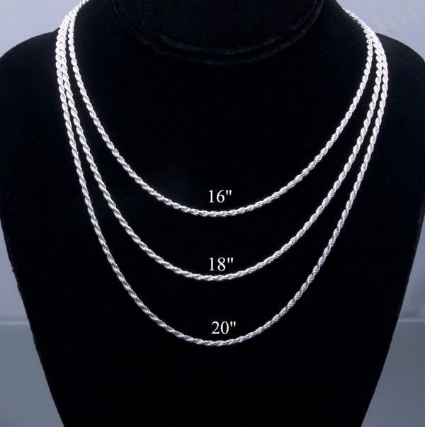 1pc 925 Sterling Silver Diamond-Cut Braided Rope Link Chain Necklace, Tarnish Resistant Rhodium Plated, 2mm, Thick Strong, Length Selections: 18/20/22/24/26 inch