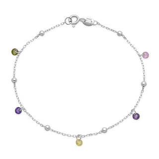 1pc 925 Sterling Silver 2.5mm Bead Station Cable Chain Bracelet with CZ Gemstone Drops, Length Selections: 7 inch/7.5 inch