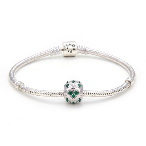 1pc 925 Sterling Silver Round Heart Pattern May Birthstone Bead Charm, Green Emerald Cubic Zirconia CZ, 11x9mm, Hole ID 4.5mm, EC1-H5