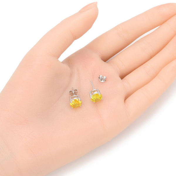 1 Pair 925 Sterling Silver November Yellow Birthstone Round Cut Stud Earrings, 8mm/2 Carat Cubic Zirconia CZ Created Topaz Stone, SSE49-11