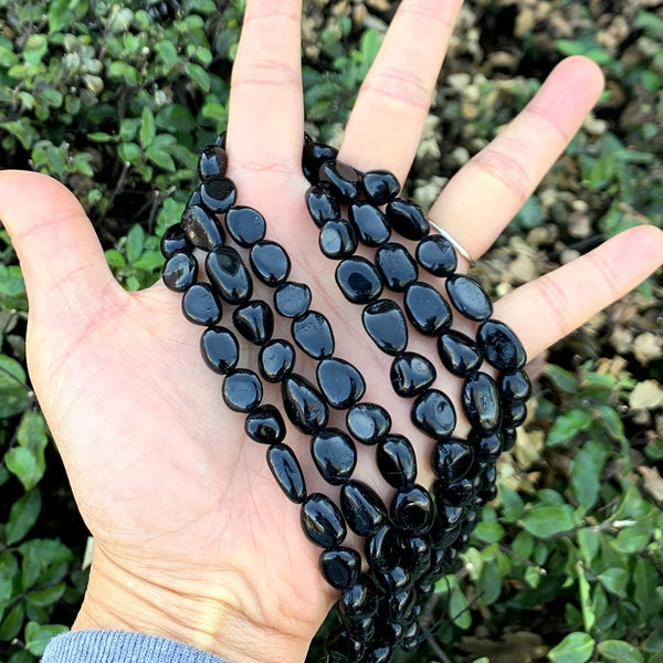 Natural Black Tourmaline Gemstone Oval Tumbled Pebble Beads, Irregular, 5mm to 9mm, Hole ID 1mm, 15 Inch/1 Strand, GZ12-46