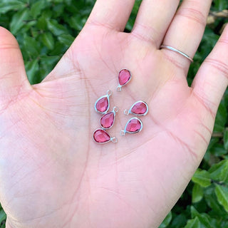 10pcs Grade A July Ruby Teardrop Birthstone Charm Drop, Sterling Silver Plated Brass, Size Selections: 11x7mm, 14x8mm, 16x9mm