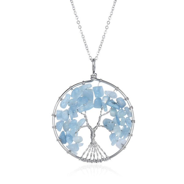 1pc Tree of Life Prosperity Necklace, Natural Blue Aquamarine Gemstone Pendant, 26 inch Surgical Stainless Steel Chain, GGP9-12