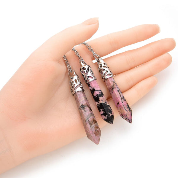 1pc Natural Rhodonite Hexagonal Pile Gemstone Pendant Necklace, 26 Inch Surgical Stainless Steel Chain, GGP-BB9