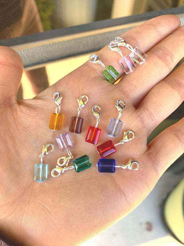 1 Set/12pcs Mixed Clip On Dangle Birthstone Charm Drops, 8mm Crystal Rectangle Beads, Sterling Silver Plated Clasp, BL11