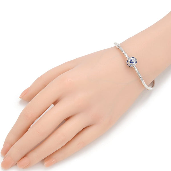 1pc 925 Sterling Silver Round Heart Pattern September Birthstone Bead Charm, Blue Sapphire Cubic Zirconia CZ, 11x9mm, Hole ID 4.5mm, EC1-H9