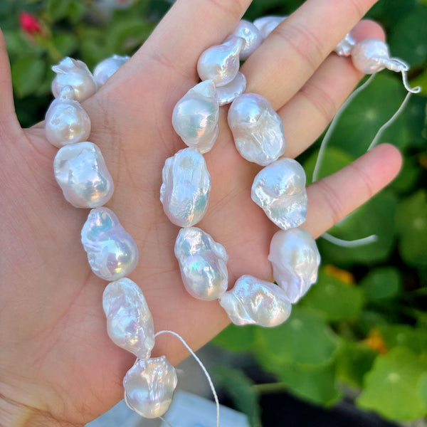 15 Inch Grade A Natural Baroque Pearl Beads, Irregular White Cultured Freshwater Flameball Teardrop Pearls, Large 15mm-24mm Flameball Pearls, Hole ID 1mm, PA1-25